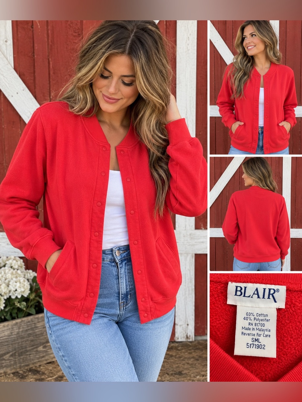 Vintage Blair Red Snap Front Fleece Sweatshirt Jacket Women’s Small